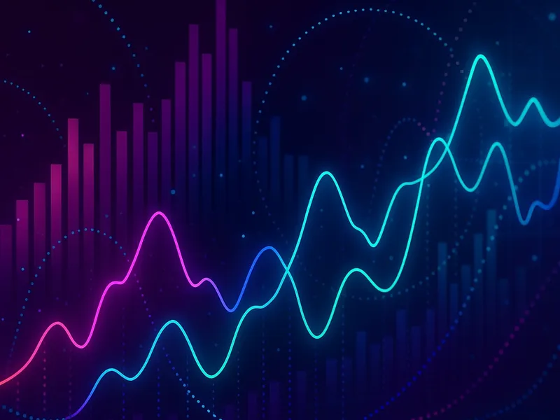 Abstract cyberpunk data visualization background with glowing neon graphs, bar charts, and dotted lines representing cross-domain tracking and analytics in Shopify and Google Analytics 4