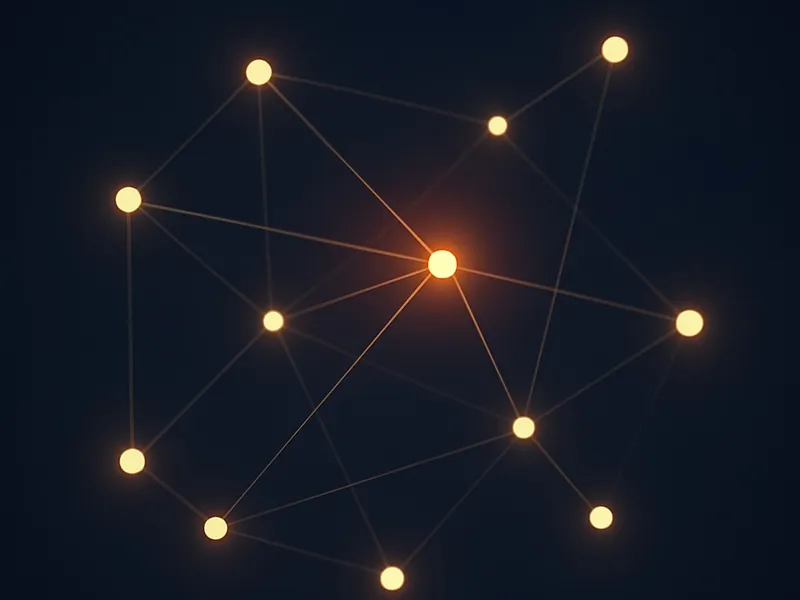 3D abstract illustration of glowing network nodes connected by lines on a dark gradient background, symbolizing custom pixel tracking in Shopify for data and conversions.