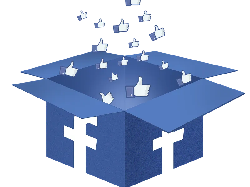 Blue box with Facebook logos overflowing with thumbs-up icons, symbolizing Facebook likes, engagement, and social media popularity.