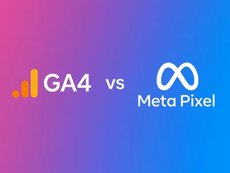Comparison graphic of Google Analytics 4 (GA4) vs Meta Pixel for Shopify, with GA4 logo on the left and Meta Pixel logo on the right over a gradient background
