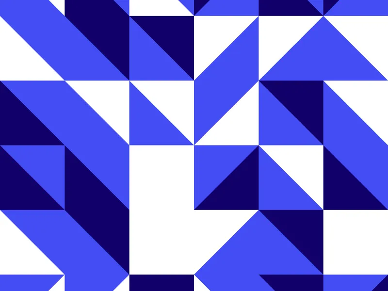 Abstract geometric pattern with bold blue and white triangles and squares arranged in a tiled mosaic design on a modern background.