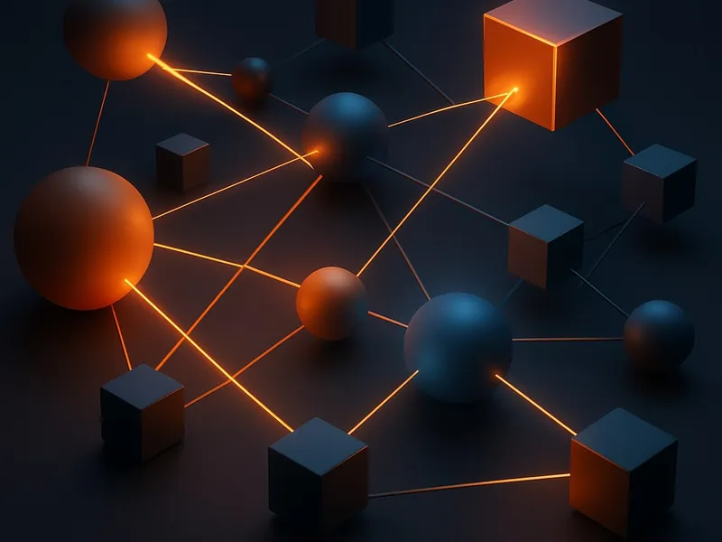 Abstract 3D spheres and cubes interconnected with glowing orange lines on a dark gradient background, symbolizing Meta Pixel event tracking for Shopify clicks and form submissions