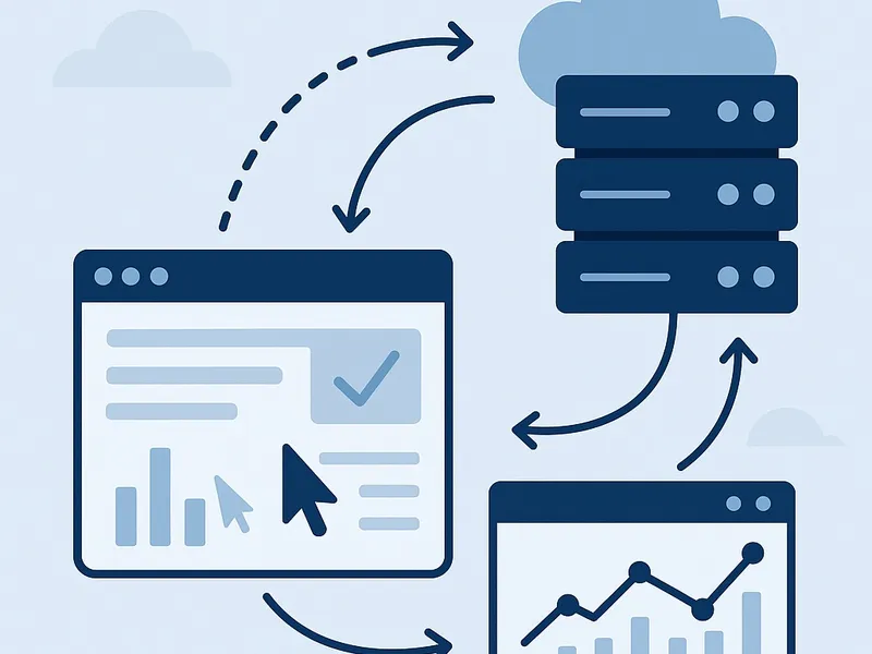 Illustration showing server-side tracking process with web browser sending data to cloud servers and analytics dashboard, highlighting accurate data collection and conversion tracking for Shopify and ecommerce