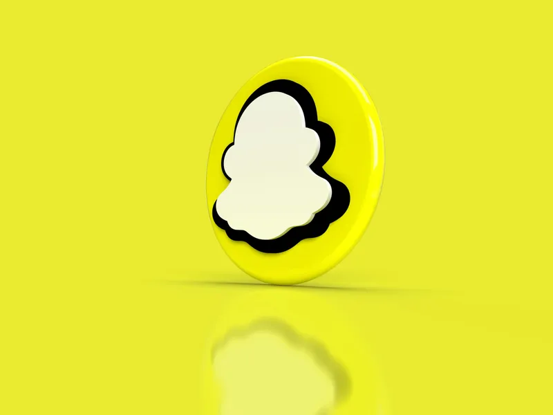 3D Snapchat logo icon on vibrant yellow background with soft shadow and reflection, representing social media branding and digital communication.