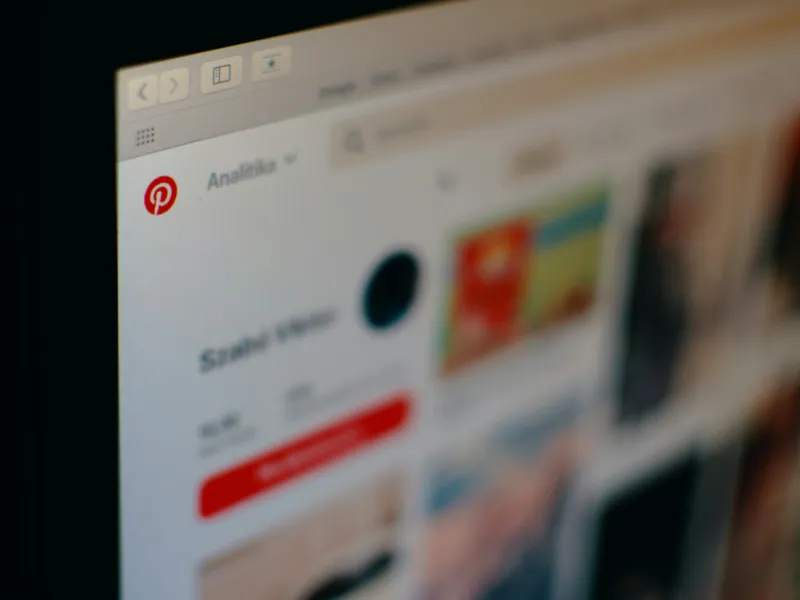 Close-up of a computer screen displaying a Pinterest user profile with analytics tab open
